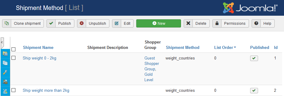 shipment shipment method list screen